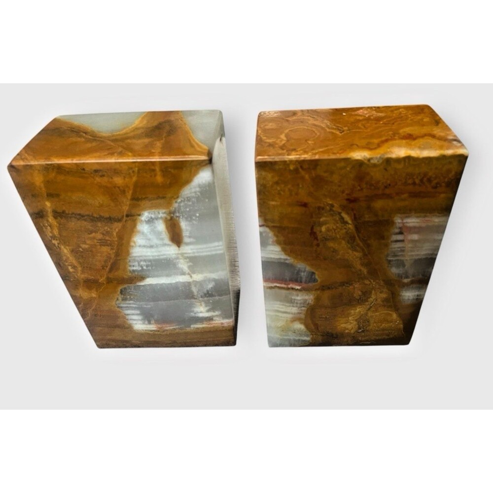 Marble Onyx Bookends for Heavy Books Natural Stone Orange Ivory 7 X 5 X 3" Rare!